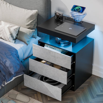 Hommpa LED Nightstand Wireless Charging Station USB Type C Outlets Bedside Table 3 Drawers Black Night - Product image 5