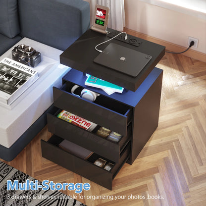 Hommpa LED Nightstand Wireless Charging Station USB Type C Outlets Bedside Table 3 Drawers Black Night - Product image 13