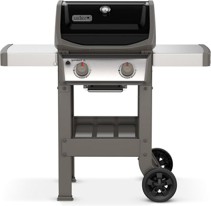 Spirit II E-210 GBS Gas Barbecue, 2 Burners, 51 x 46 cm Cooking Surface, Lid Thermometer, Folding Side Table (Left), 4 Wheels - Black and Silver (44010153)