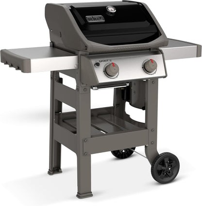 Spirit II E-210 GBS Gas Barbecue, 2 Burners, 51 x 46 cm Cooking Surface, Lid Thermometer, Folding Side Table (Left), 4 Wheels - Black and Silver (44010153)