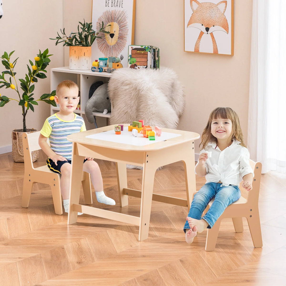 OLAKIDS Kids Table and Chair Set, 3 in 1 Wooden Activity Table with Removable Tabletop, Blackboard and Whiteboard for Toddlers Arts Crafts Drawing Reading Playing, Playroom Nursery (Natural)