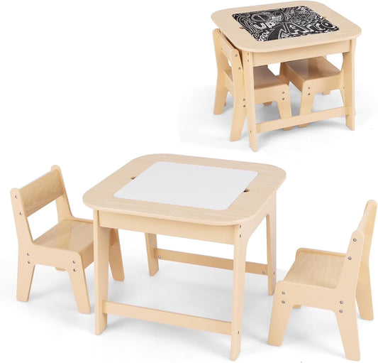 OLAKIDS Kids Table and Chair Set, 3 in 1 Wooden Activity Table with Removable Tabletop, Blackboard and Whiteboard for Toddlers Arts Crafts Drawing Reading Playing, Playroom Nursery (Natural)