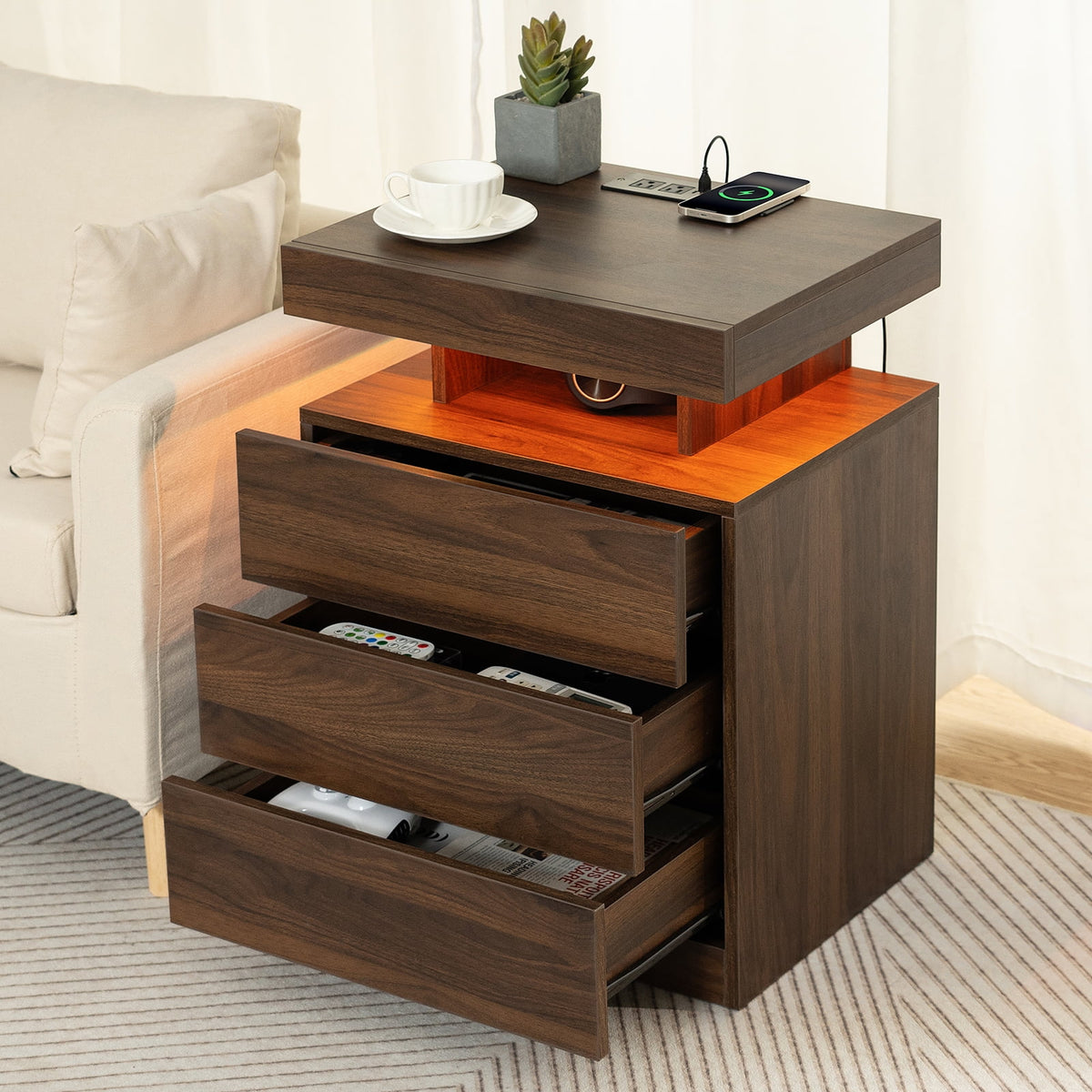 Hommpa LED Nightstand Wireless Charging Station USB Type C Outlets Bedside Table 3 Drawers Black Night - Product image 24