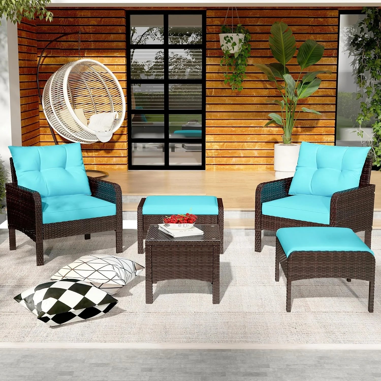 AECOJOY Outdoor 5 Pieces Patio Furniture Set, PE Rattan Wicker Chairs with Ottoman and Table, Brown/Blue - Product image 4