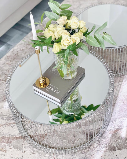 Kare Design Wire coffee tables, silver/mirror, round, steel, glass, living room coffee table set of 2, furniture, living room table, bedroom, Ø70cm, Ø60cm