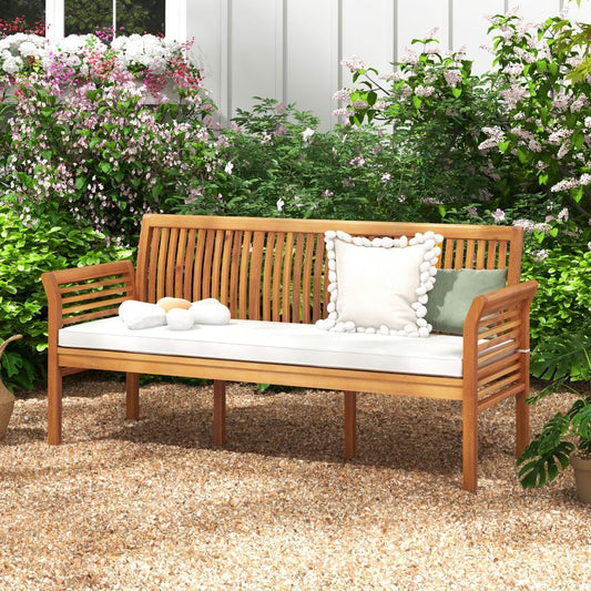 3-Seater Wooden Terrace Bench 159 cm Long Acacia Bench with Soft Seat Cushions Ergonomic Backrest and Armrests White -