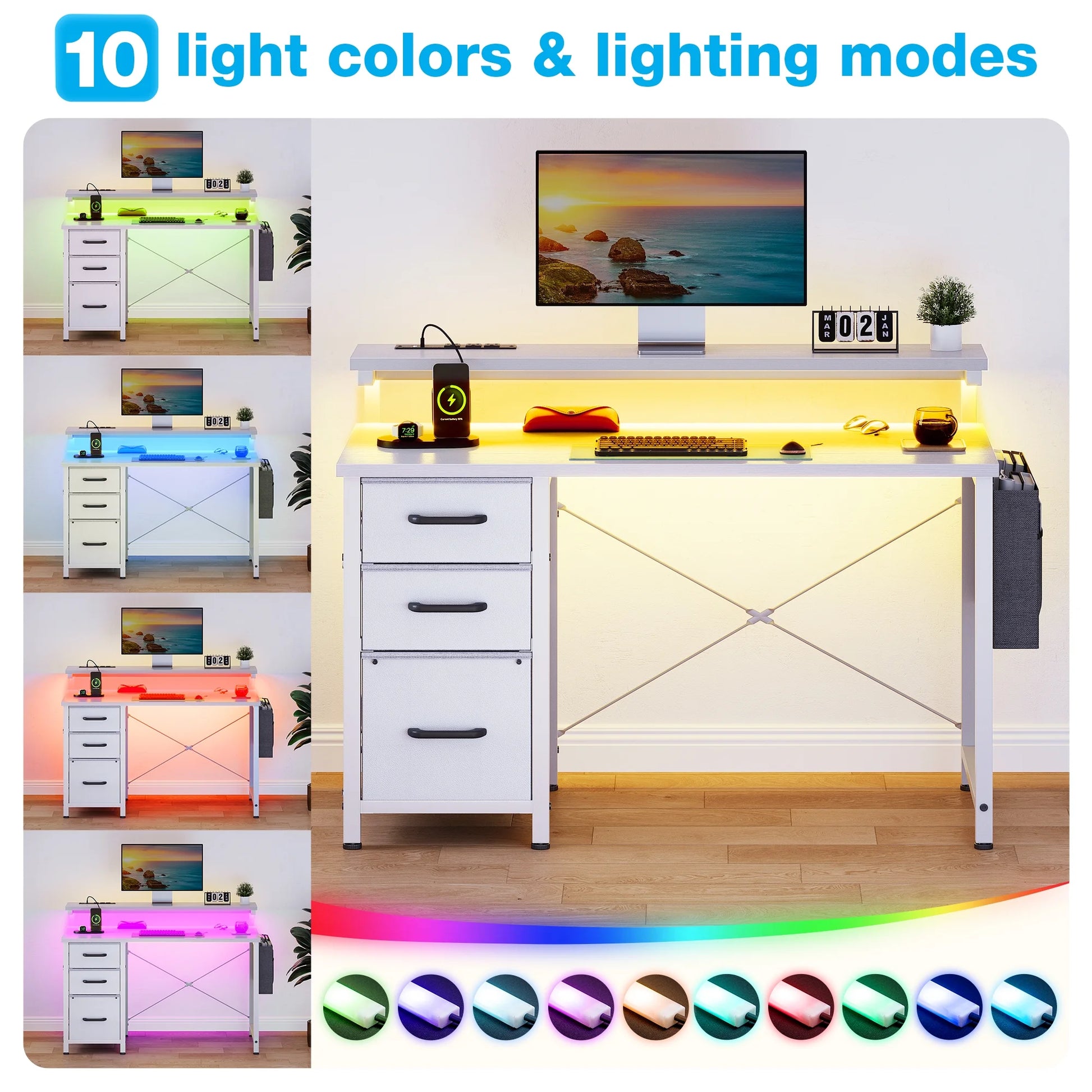 40 in Computer Desk with Power Outlets & LED Lights, Home Office Desk with 3 Drawers & Adjustable Monitor - Product image 22