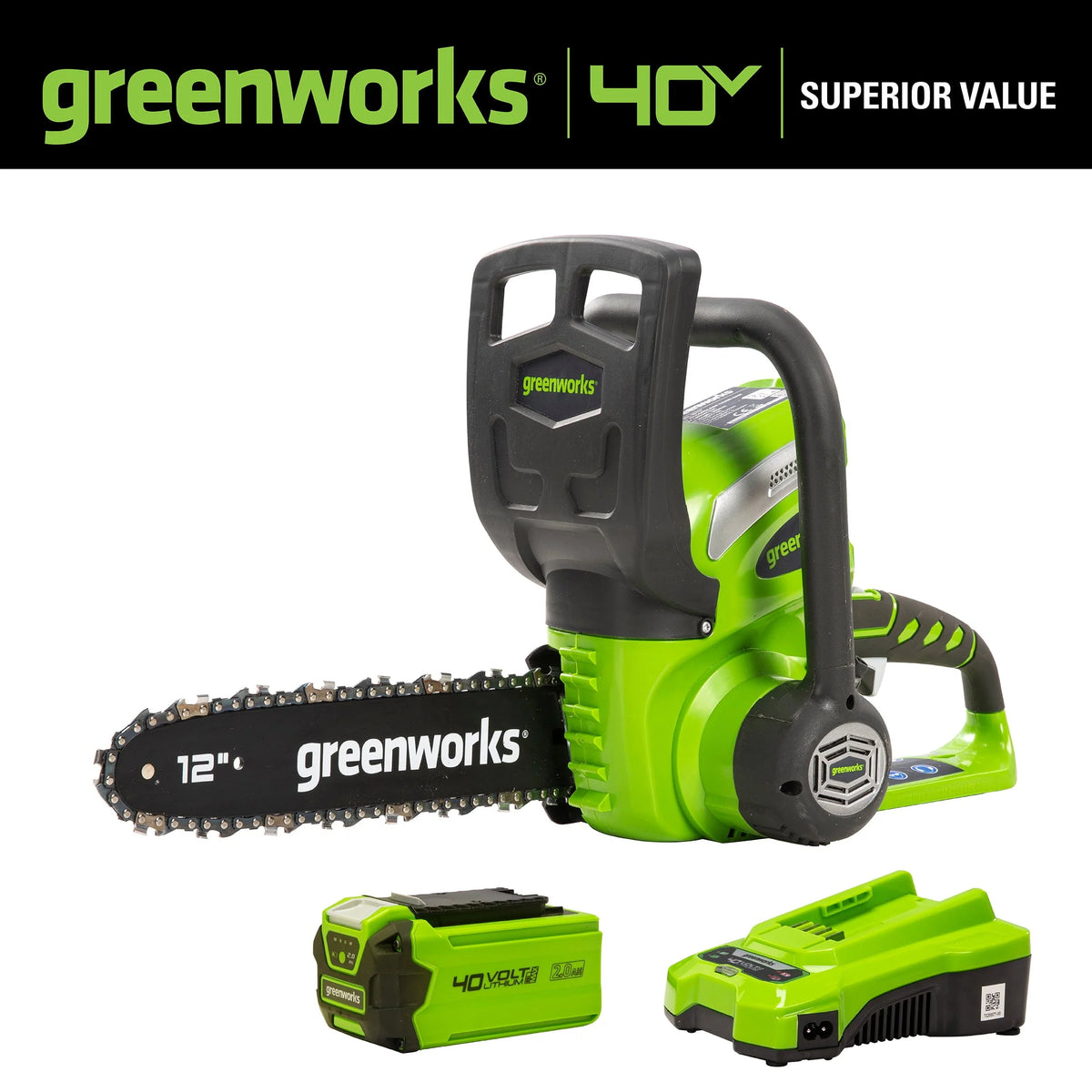Greenworks 40V 12" Cordless Chainsaw with 2.0 Ah Battery & Charger, 20262 - Product image 3