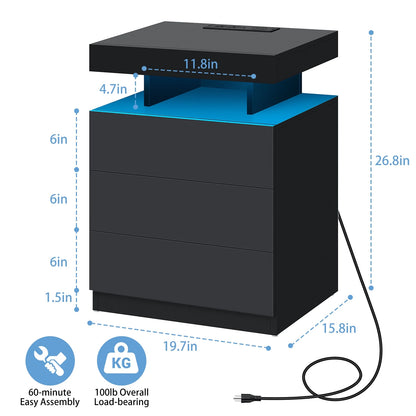 Hommpa LED Nightstand Wireless Charging Station USB Type C Outlets Bedside Table 3 Drawers Black Night - Product image 4