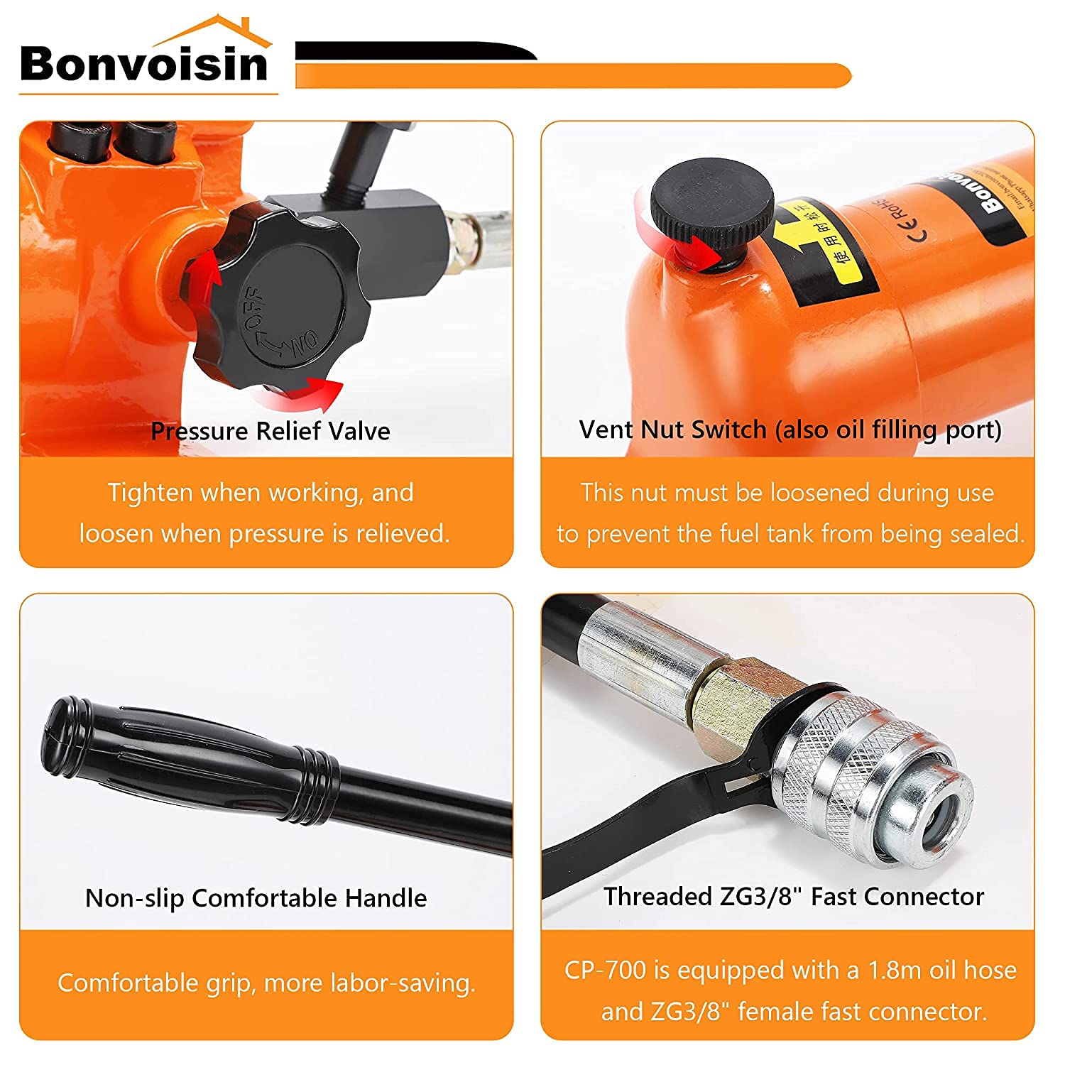 Bonvoisin CP-700 Manual Hydraulic Pump with High Pressure Gauge 700 kg/cm² Oil Content 900cc for Hydraulic Tools