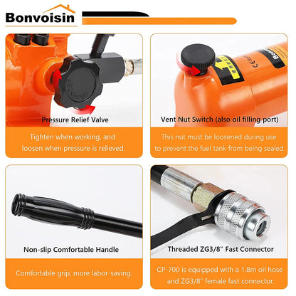 Bonvoisin CP-700 Manual Hydraulic Pump with High Pressure Gauge 700 kg/cm² Oil Content 900cc for Hydraulic Tools