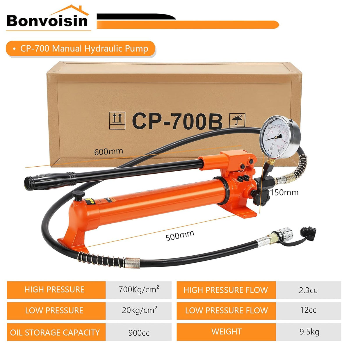 Bonvoisin CP-700 Manual Hydraulic Pump with High Pressure Gauge 700 kg/cm² Oil Content 900cc for Hydraulic Tools