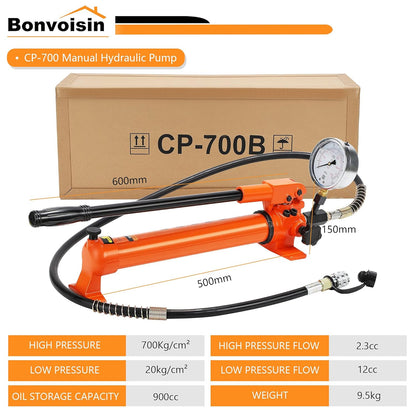Bonvoisin CP-700 Manual Hydraulic Pump with High Pressure Gauge 700 kg/cm² Oil Content 900cc for Hydraulic Tools
