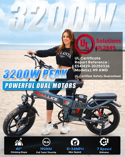 Wallke H9 AWD 3200W Dual Motor Electric Bike for Adult, 82ah 48V Dual Battery Long Range E - Bicycle, 31 - Product image 2