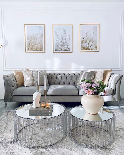 Kare Design Wire coffee tables, silver/mirror, round, steel, glass, living room coffee table set of 2, furniture, living room table, bedroom, Ø70cm, Ø60cm