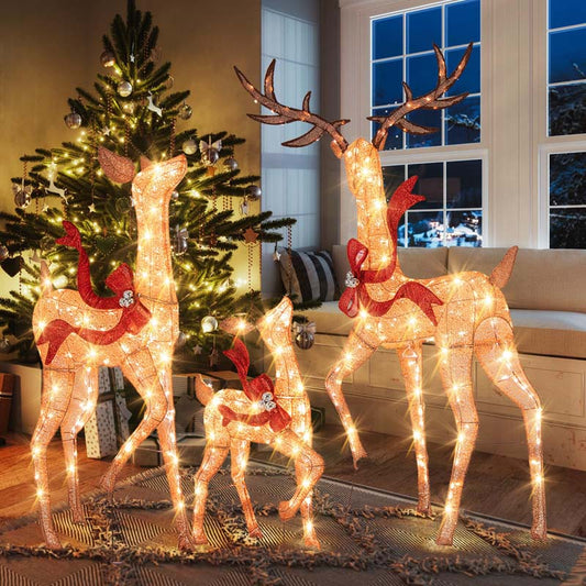 3-Piece Large Lighted Christmas Reindeer Family Set, Light Up Xmas Decorations w/440 LED Lights, Bows - Product image 1