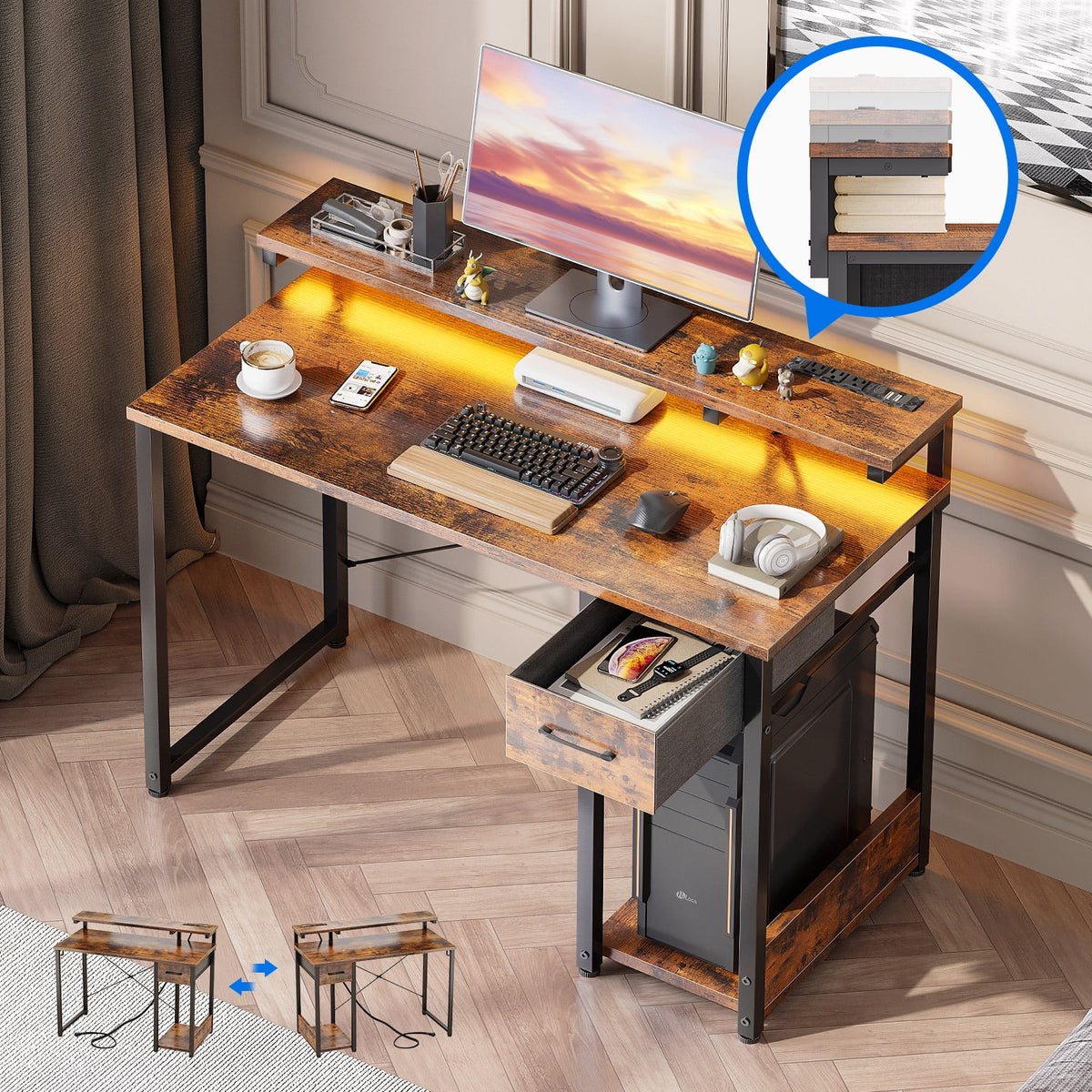40 in Computer Desk with Power Outlets & LED Lights, Home Office Desk with 3 Drawers & Adjustable Monitor - Product image 36