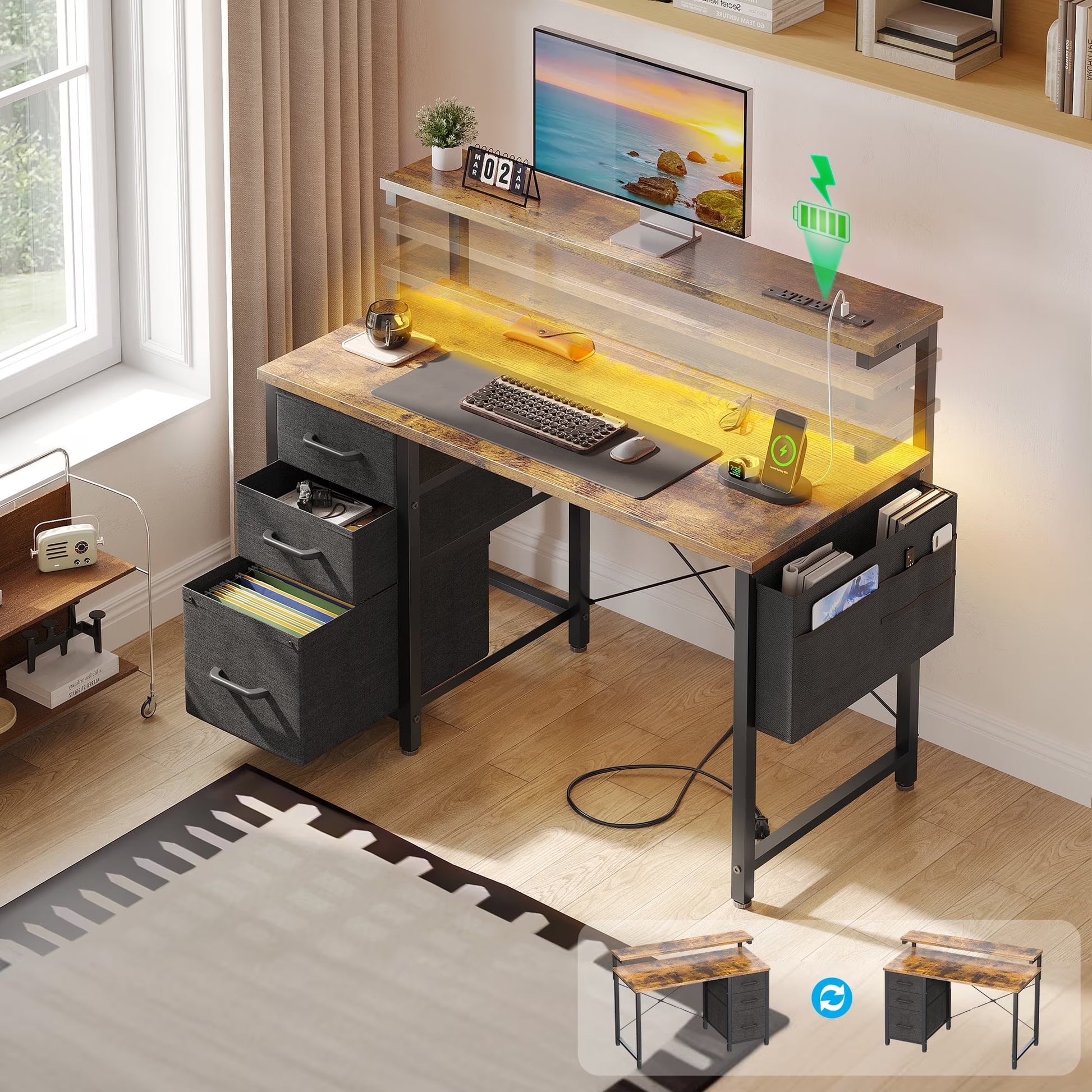 40 in Computer Desk with Power Outlets & LED Lights, Home Office Desk with 3 Drawers & Adjustable Monitor - Product image 1