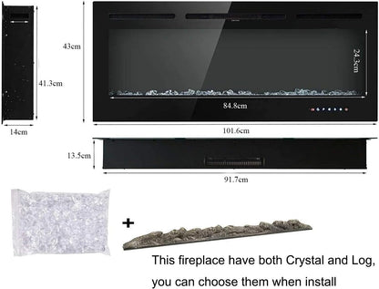 M.C.Haus Electric Fireplace with Touch Screen and Colored Glass Panel for Flame Insert - Wall Heater - Remote Control with Crystal and Logs - 900/1800 W (102 cm, Black)