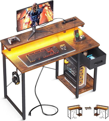 40 in Computer Desk with Power Outlets & LED Lights, Home Office Desk with 3 Drawers & Adjustable Monitor - Product image 7