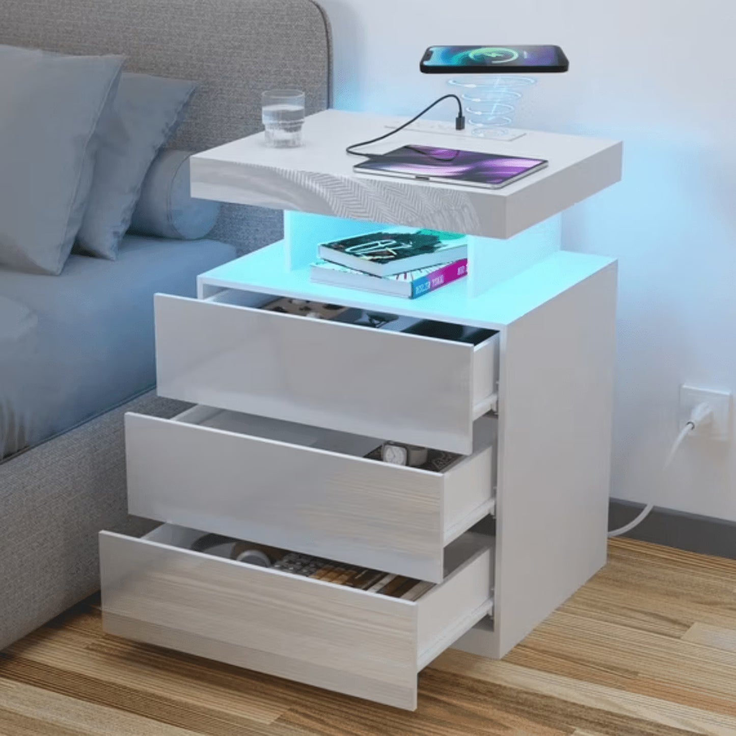 Hommpa LED Nightstand Wireless Charging Station USB Type C Outlets Bedside Table 3 Drawers Black Night - Product image 8