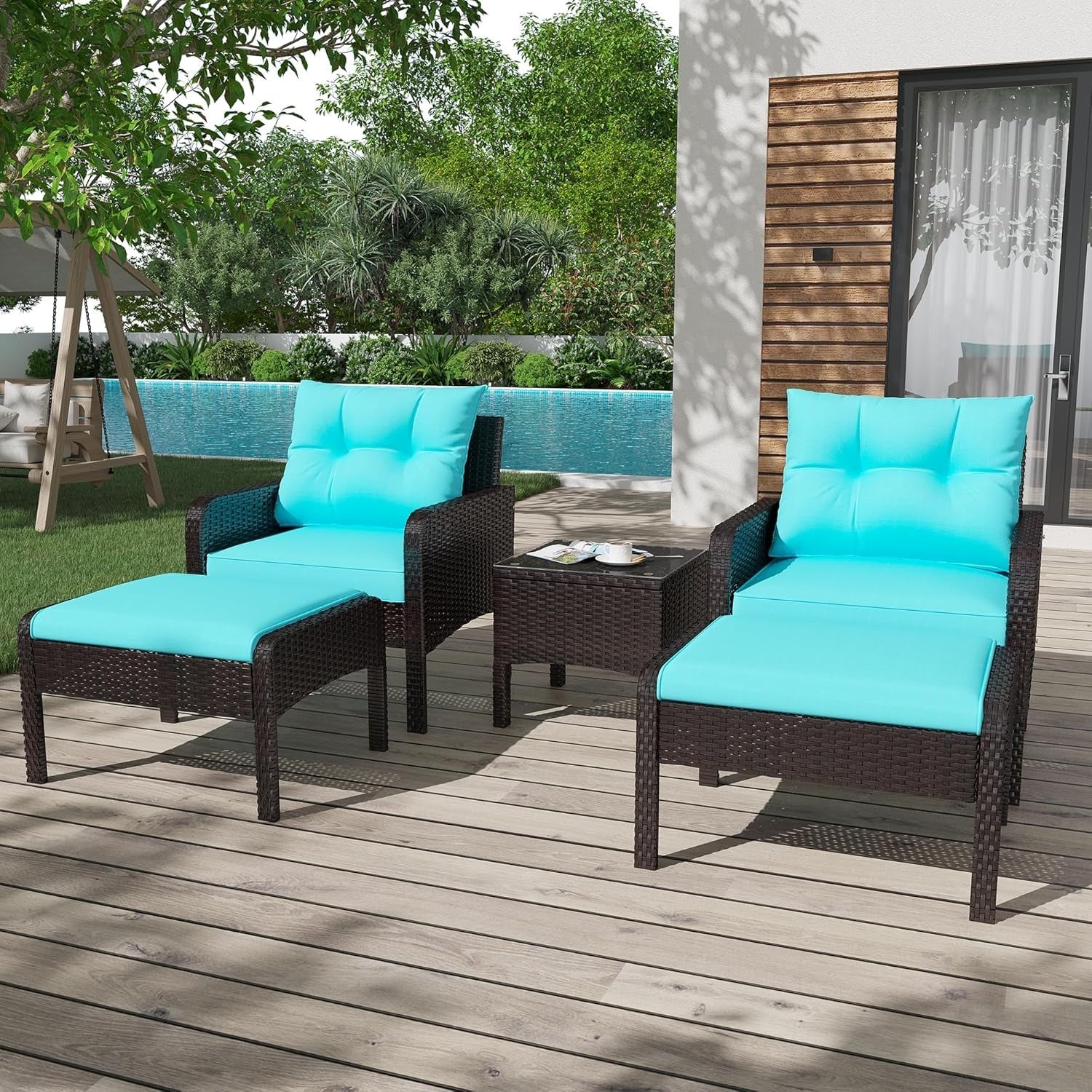AECOJOY Outdoor 5 Pieces Patio Furniture Set, PE Rattan Wicker Chairs with Ottoman and Table, Brown/Blue - Product image 2