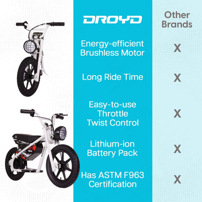 Droyd Weeler Electric Mini Bike - 24V 8ah Battery, 6 - 10 MPH, up to 8 Miles, LED Lights, Kids Ages 6+ - Product image 6