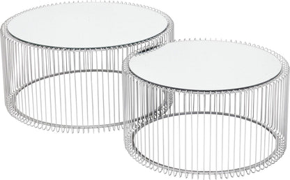 Kare Design Wire coffee tables, silver/mirror, round, steel, glass, living room coffee table set of 2, furniture, living room table, bedroom, Ø70cm, Ø60cm