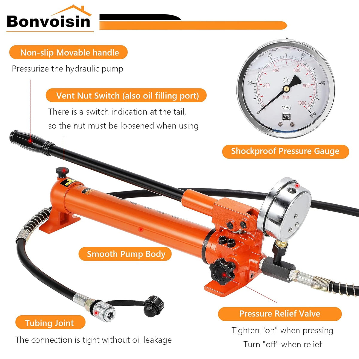 Bonvoisin CP-700 Manual Hydraulic Pump with High Pressure Gauge 700 kg/cm² Oil Content 900cc for Hydraulic Tools