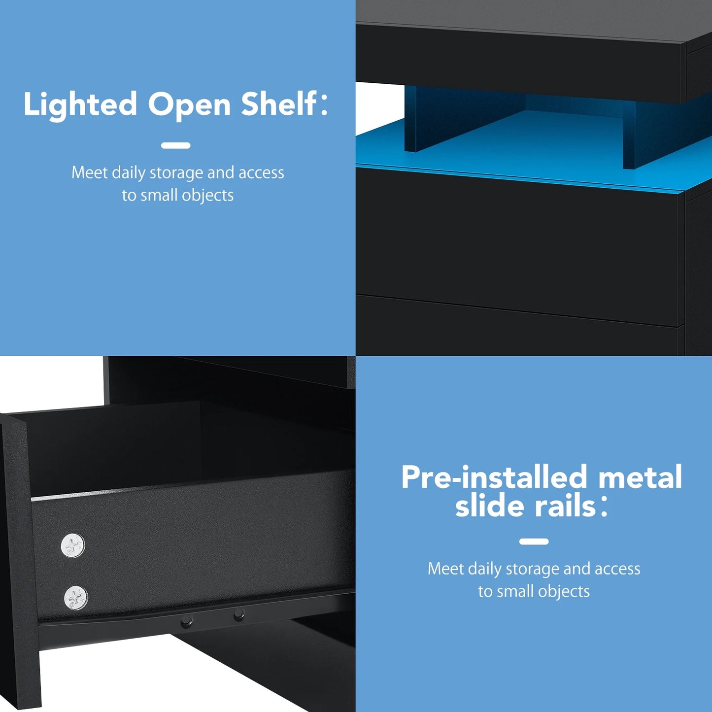 Hommpa LED Nightstand Wireless Charging Station USB Type C Outlets Bedside Table 3 Drawers Black Night - Product image 10