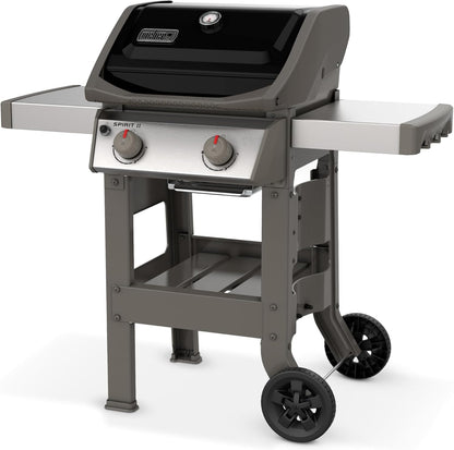Spirit II E-210 GBS Gas Barbecue, 2 Burners, 51 x 46 cm Cooking Surface, Lid Thermometer, Folding Side Table (Left), 4 Wheels - Black and Silver (44010153)
