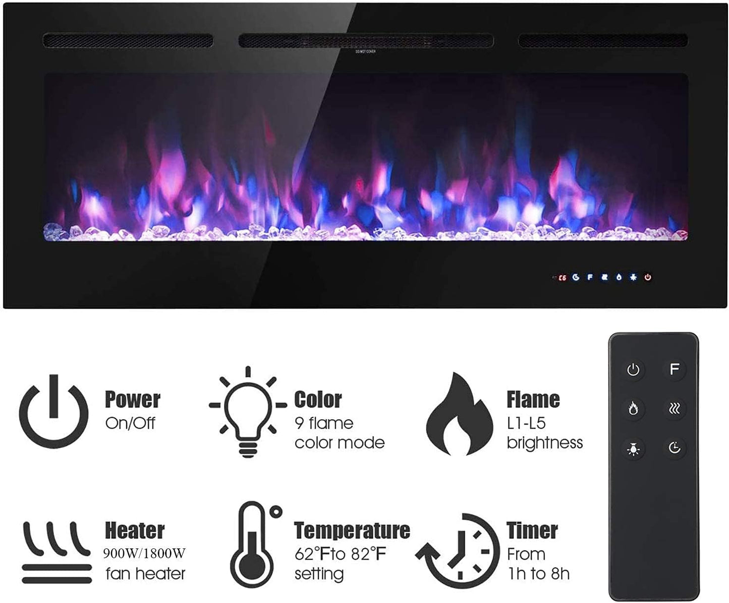 M.C.Haus Electric Fireplace with Touch Screen and Colored Glass Panel for Flame Insert - Wall Heater - Remote Control with Crystal and Logs - 900/1800 W (102 cm, Black)