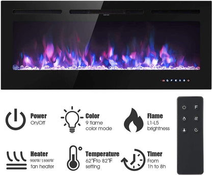 M.C.Haus Electric Fireplace with Touch Screen and Colored Glass Panel for Flame Insert - Wall Heater - Remote Control with Crystal and Logs - 900/1800 W (102 cm, Black)