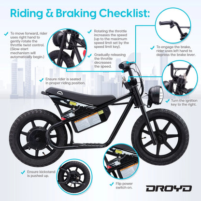 Droyd Weeler Electric Mini Bike - 24V 8ah Battery, 6 - 10 MPH, up to 8 Miles, LED Lights, Kids Ages 6+ - Product image 26