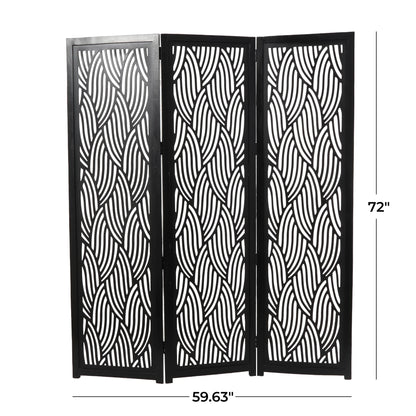Decmode 60" x 72" Black Mango Wood Abstract Wavy Cutout 3 Panel Room Divider Screen, 1 - Piece