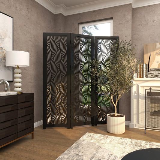 Decmode 60" x 72" Black Mango Wood Abstract Wavy Cutout 3 Panel Room Divider Screen, 1 - Piece