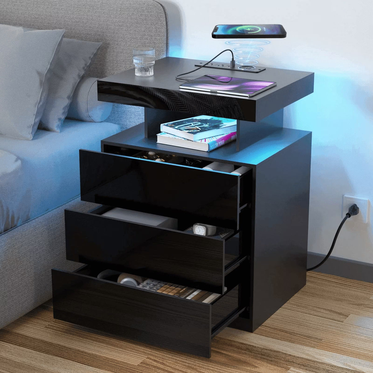Hommpa LED Nightstand Wireless Charging Station USB Type C Outlets Bedside Table 3 Drawers Black Night - Product image 1