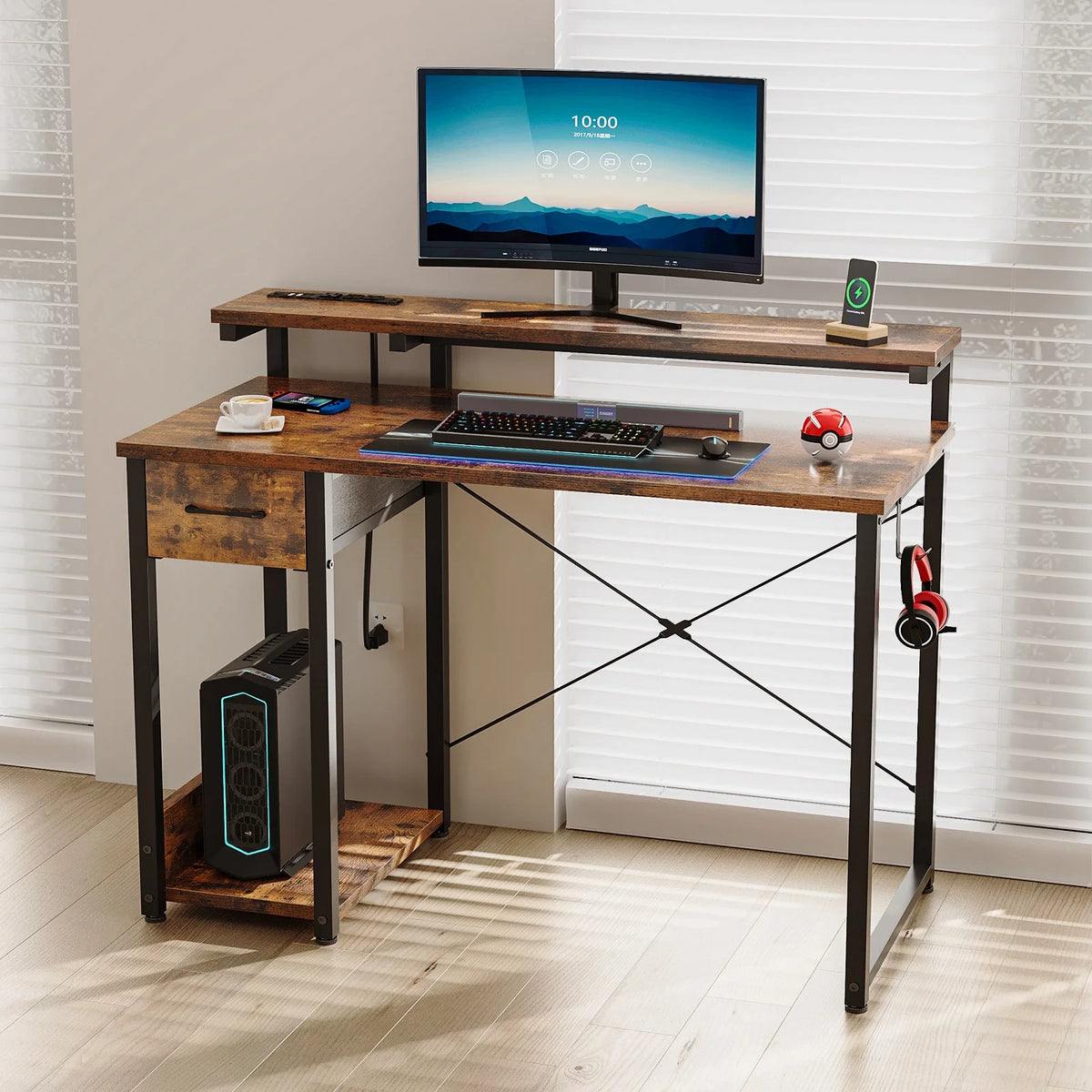 40 in Computer Desk with Power Outlets & LED Lights, Home Office Desk with 3 Drawers & Adjustable Monitor - Product image 28