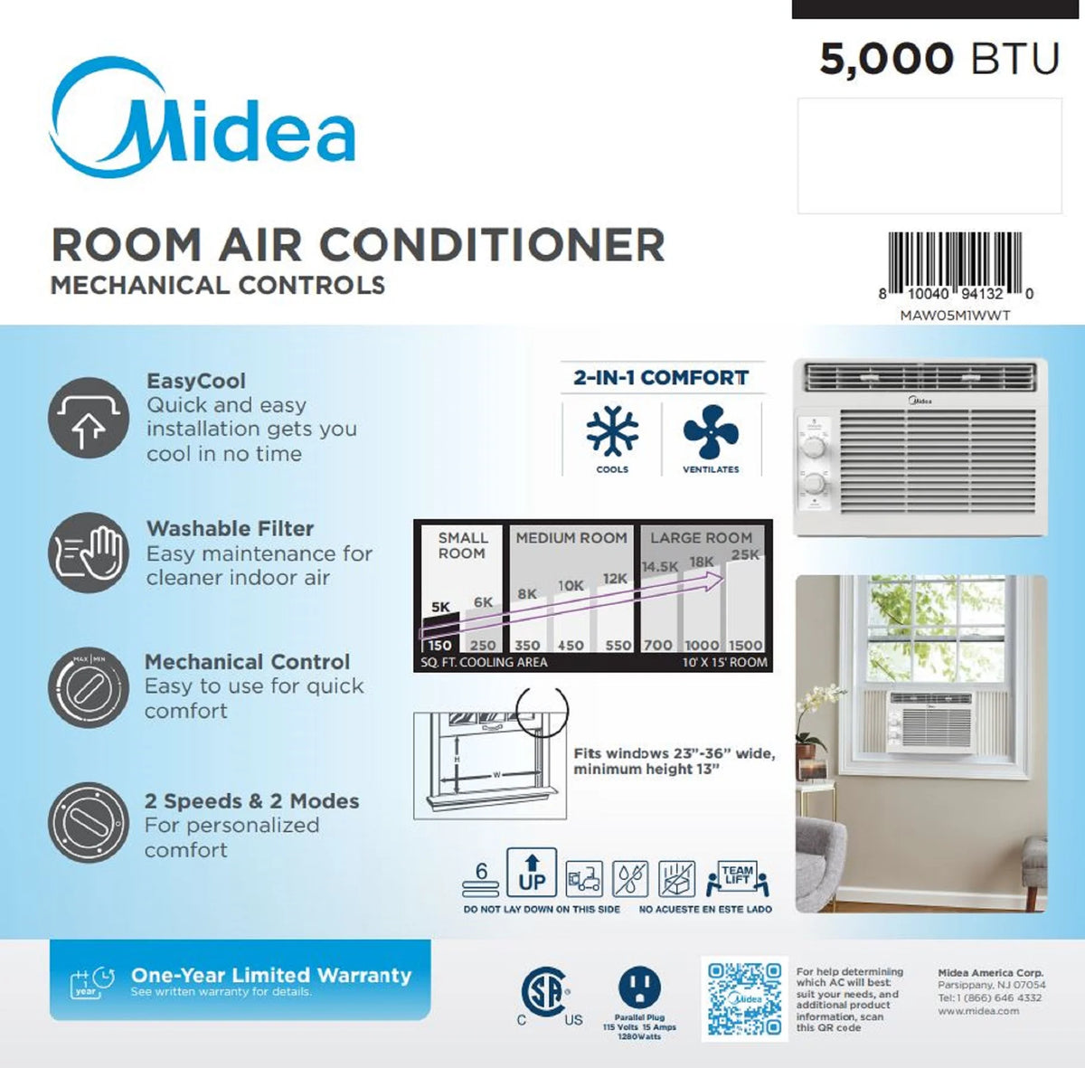 Midea 5, 000 BTU 150 Sq Ft Mechanical Window Air Conditioner, White, MAW05M1WWT, New - Product image 6