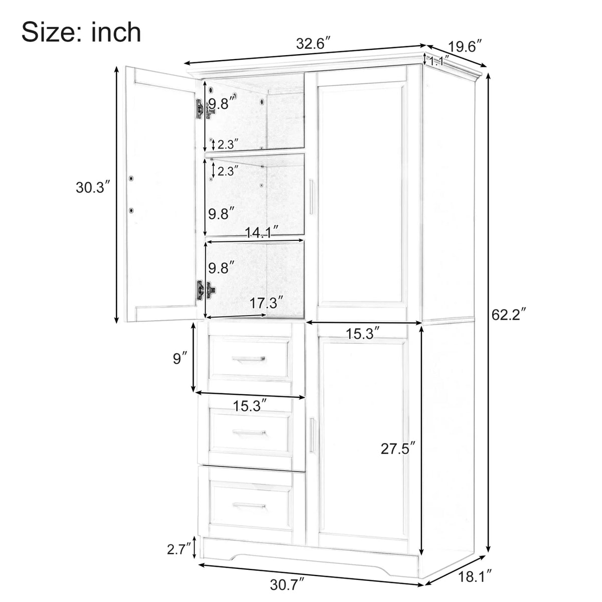 Bathroom Cabinet, 62.2" Tall Storage Cabinet with Doors and Shelves - Product image 8