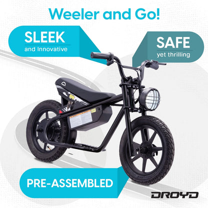 Droyd Weeler Electric Mini Bike - 24V 8ah Battery, 6 - 10 MPH, up to 8 Miles, LED Lights, Kids Ages 6+ - Product image 22