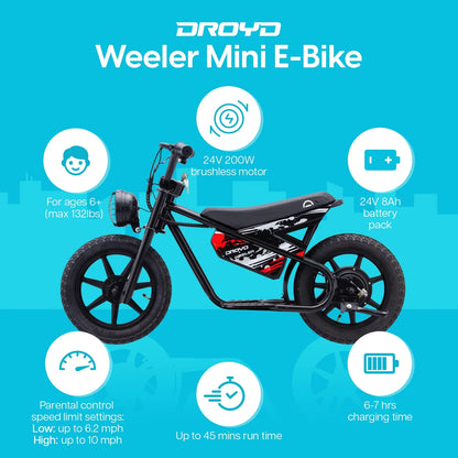 Droyd Weeler Electric Mini Bike - 24V 8ah Battery, 6 - 10 MPH, up to 8 Miles, LED Lights, Kids Ages 6+ - Product image 21