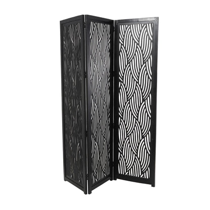 Decmode 60" x 72" Black Mango Wood Abstract Wavy Cutout 3 Panel Room Divider Screen, 1 - Piece