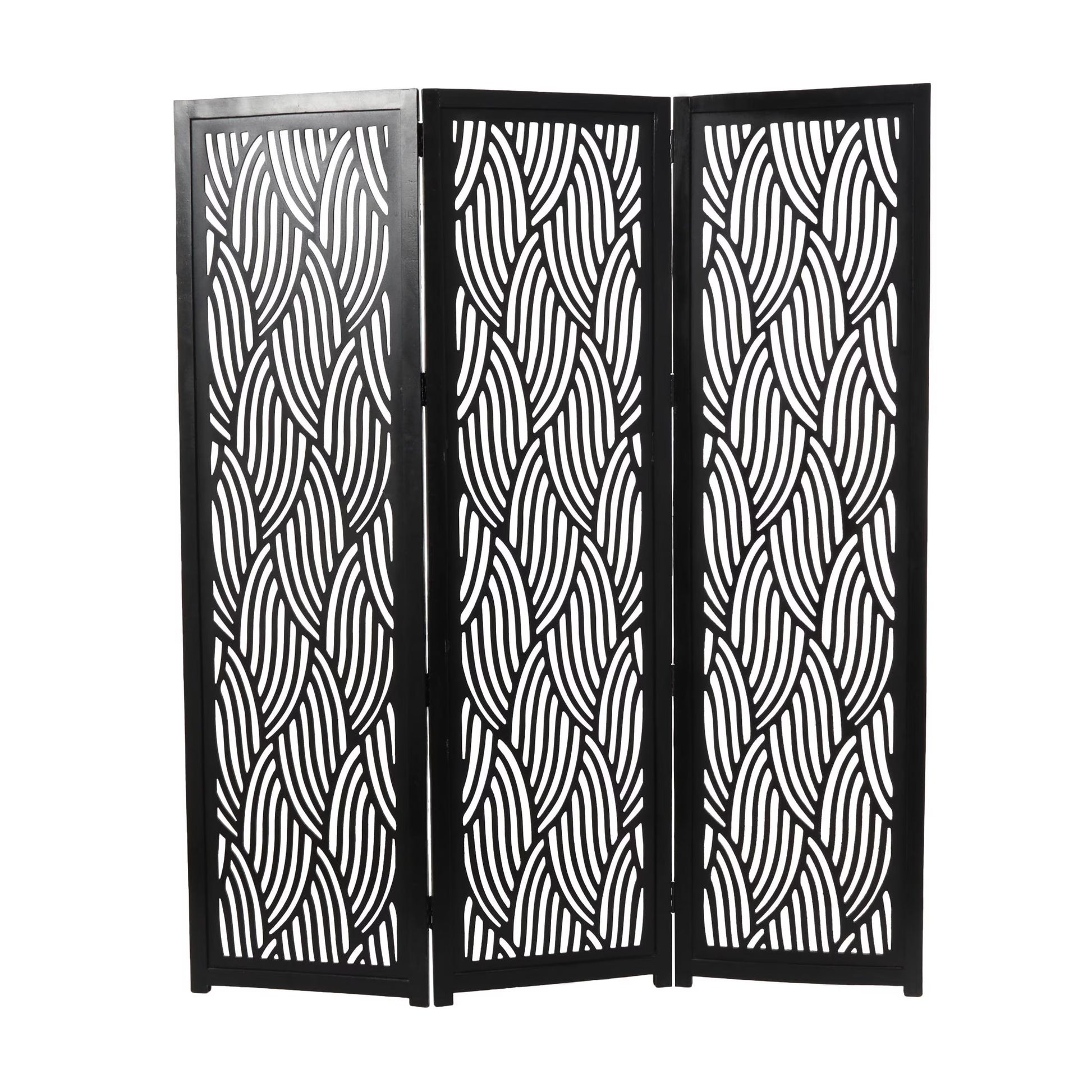 Decmode 60" x 72" Black Mango Wood Abstract Wavy Cutout 3 Panel Room Divider Screen, 1 - Piece