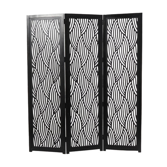 Decmode 60" x 72" Black Mango Wood Abstract Wavy Cutout 3 Panel Room Divider Screen, 1 - Piece